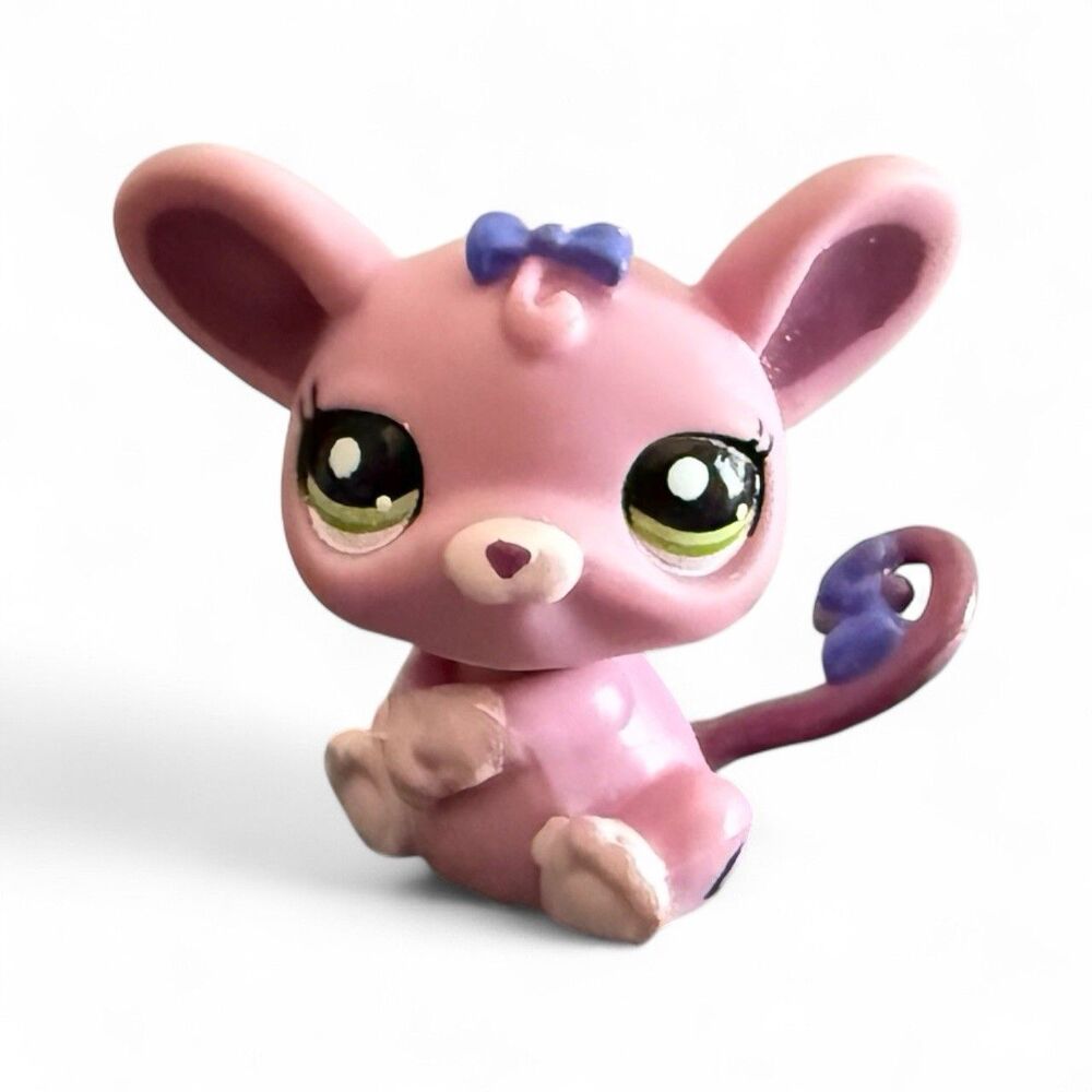 Littlest Pet Shop Rat Mouse figure #464 Pink‎ Green Eyes Purple Blue Bow Hasbro